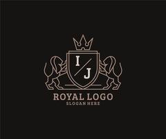 Initial IJ Letter Lion Royal Luxury Logo template in vector art for Restaurant, Royalty, Boutique, Cafe, Hotel, Heraldic, Jewelry, Fashion and other vector illustration.