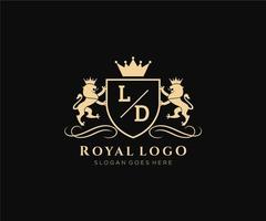 Initial LD Letter Lion Royal Luxury Heraldic,Crest Logo template in vector art for Restaurant, Royalty, Boutique, Cafe, Hotel, Heraldic, Jewelry, Fashion and other vector illustration.