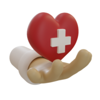 3d rendering of a hand holding a heart icon with a cross symbol. copy space background, banner, card, poster concept of world blood donation day. 3D Render illustration cartoon style. png