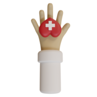 3d representación de un mano participación un corazón icono con un cruzar símbolo. Copiar espacio fondo, bandera, tarjeta, póster concepto de mundo sangre donación día. 3d hacer ilustración dibujos animados estilo. png