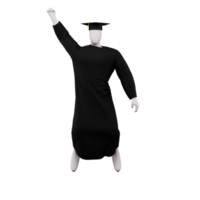 3d diplôme l'obtention du diplôme figure pose avec casquette et robe. et est Faire une sauter pose avec élevage le sien droite main. png