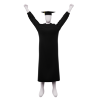 3d diplôme l'obtention du diplôme figure pose avec casquette et robe. et élevage le sien mains en haut. png