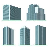 Set of five modern high-rise building on a white background. View of the building from the bottom. Isometric vector illustration.