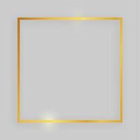 Shiny frame with glowing effects. Gold square frame with shadow on grey background. Vector illustration