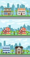 Set of three vector illustrations of city street with cartoon houses and trees. Summer urban landscape