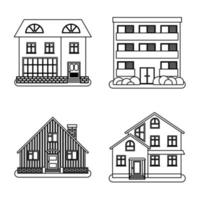 Set of four houses in thin line style on white background. Vector illustration.