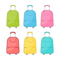 Set of six multicolored wheeled travel bag with luggage on white background. Suitcase for journey trip in flat style. Vector illustration