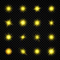 Light effect of lens flares. Set of sixteen yellow glowing lights starburst effects with sparkles vector