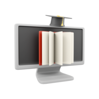 3d illustration uppkopplad bibliotek illustration begrepp. 3d bok, dator, tangentbord och kopp ikoner. png