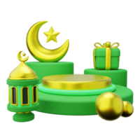 3d Ramadán podio decorado con creciente, caja de regalo y linterna png