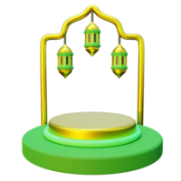 3D ramadan podium decorated with colorful lights and a traditional lantern png