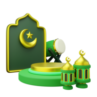3d Ramadán producto podio decorado con islámico puerta, linterna y Bedug desde lado ver png