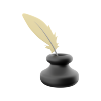 3d render Feather and ink bottle. 3d render feather, ink bottle icon png