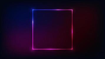 Neon square frame with shining effects on dark background. Empty glowing techno backdrop. Vector illustration.