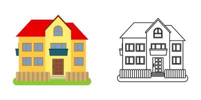 House front view in flat and line style on white background. Isolated cottage and real estate building facade. Vector illustration