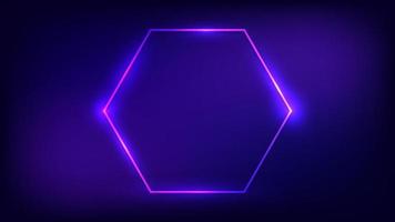 Neon hexagon frame with shining effects on dark background. Empty glowing techno backdrop. Vector illustration.