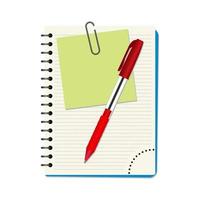 Notebook with green notice paper and red pen on a white background vector