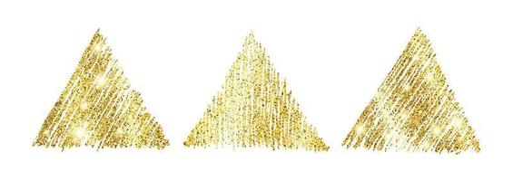 Set of three golden paint hand drawn glittering triangles on a white background. Background with gold sparkles and glitter effect. Empty space for your text. Vector illustration