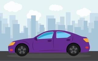 Purple sports car in the background of skyscrapers in the afternoon. Vector illustration.
