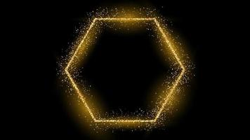 Golden hexagon frame with glitter, sparkles and flares on dark background. Empty luxury backdrop. Vector illustration.