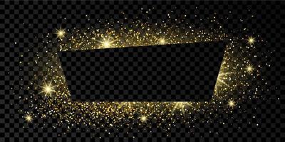 Golden trapezium frame with glitter, sparkles and flares on dark background. Empty luxury backdrop. Vector illustration.