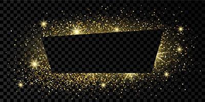 Golden trapezium frame with glitter, sparkles and flares on dark background. Empty luxury backdrop. Vector illustration.