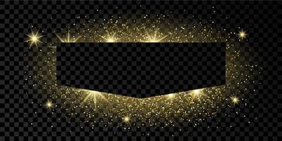 Golden frame with glitter, sparkles and flares on dark background. Empty luxury backdrop. Vector illustration.
