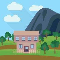 Lone two-storey house in the background of a mountain with an green tree. Vector illustration.