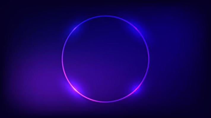 Neon circle frame with shining effects on dark background. Empty glowing techno backdrop. Vector illustration.