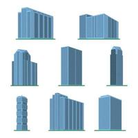 Set of eight modern high-rise building on a white background. View of the building from the bottom. Isometric vector illustration.