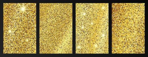 Set of four golden glittering backgrounds with gold sparkles and glitter effect. Stories banner design. Empty space for your text. Vector illustration