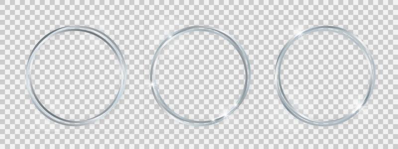 Double round shiny frames with glowing effects. Set of three silver double round frames with shadows