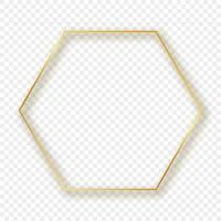 Gold glowing hexagon frame with shadow isolated on background. Shiny frame with glowing effects. Vector illustration.