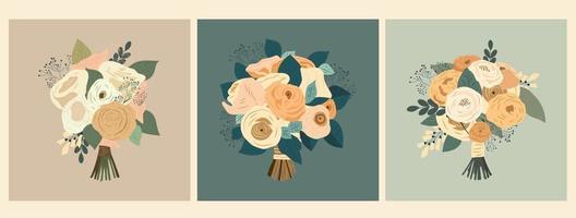 Set with three Wedding bouquet. Vector illustration in flat cartoon style.