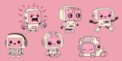 Set with cute Robots. Cute artificial robotic character. Hand drawn Vector illustration. Futuristic retro androids. Cartoon style. Isolated design elements.