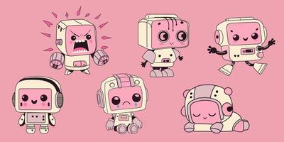 Set with cute Robots. Cute artificial robotic character. Hand drawn Vector illustration. Futuristic retro androids. Cartoon style. Isolated design elements.