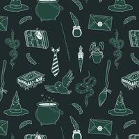 Seamless pattern with Green Set of magical things from a wizard school vector