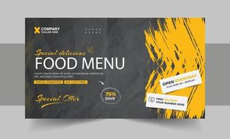 Restaurant food menu social media marketing web banner design. Pizza, burger or hamburger online sale promotion video thumbnail. Fast food website background. Food flyer with logo and business icon vector