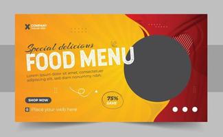 Restaurant food menu social media marketing web banner design. Pizza, burger or hamburger online sale promotion video thumbnail. Fast food website background. Food flyer with logo and business icon vector