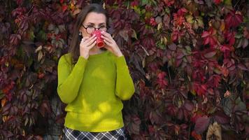 Frau mit Brille Getränke Tee oder Kaffee draußen und Verwendet ein Smartphone auf ein warm Herbst Tag. Kaffee brechen video