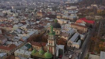 Aerial view of the historical center of Lviv. Shooting with drone. Hyperlapse in evening video