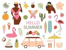 Big summer clipart. Tanned beautiful girl in bikini, fruits, flowers, flamingo, beach umbrella, ice-cream, tropical leaves, sunglasses, surf board, bus. Hello summer inscription. Summer vibes concept. vector