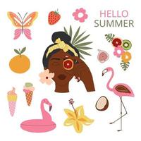 Summer sunny fruity clipart. Black young woman face. Butterfly, fruits, tropical exotic leaves and flowers, flamingo, ice-cream. Tropical hot travel. vector