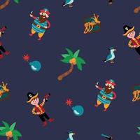 Pirate seamless pattern. Pirates, treasure chest, seagull, palm tree. Design for fabric, textile, wallpaper, packaging. vector