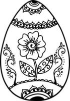 Black and white Easter egg with a beautiful pattern. Vector illustration of an Easter egg in mandala style. Detailed pattern of black contour flowers on a white background