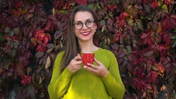 mujer con lentes bebidas té o café al aire libre y usos un teléfono inteligente en un calentar otoño día. café descanso video