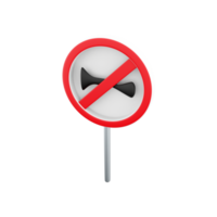 3d render no horn road sign isolated on white background. Crossed signal horn icon, prohibition of harsh sounds. Prohibit ringing. 3d rendering signal horn cartoon icon. png