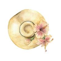 Hand drawn watercolor composition. Straw wide-brim yellow sun hat, exotic hibiscus flower. Isolated on white background. Design wall art, wedding, print, fabric, cover, card, tourism, travel booklet. vector