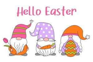 Set cute gnomes with eggs, carrot, tulip for Easter and spring. Happy Easter. Doodle cartoon style. Vector draw illustration for greeting card, poster, banner, stickers, invitation.