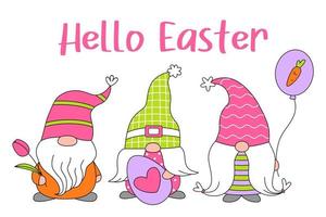 Set cute gnomes with eggs, carrot, baloon, tulip for Easter and spring. Happy Easter. Doodle cartoon style. Vector draw illustration for greeting card, poster, banner, stickers, invitation.